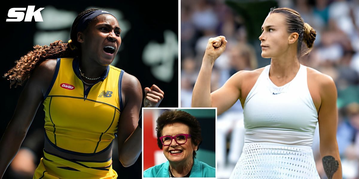 Coco Gauff (L), Aryna Sabalenka (R), and Billie Jean King (Inset)