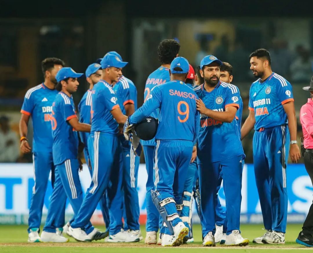 Team India players after the third T20I win vs Afghanistan 