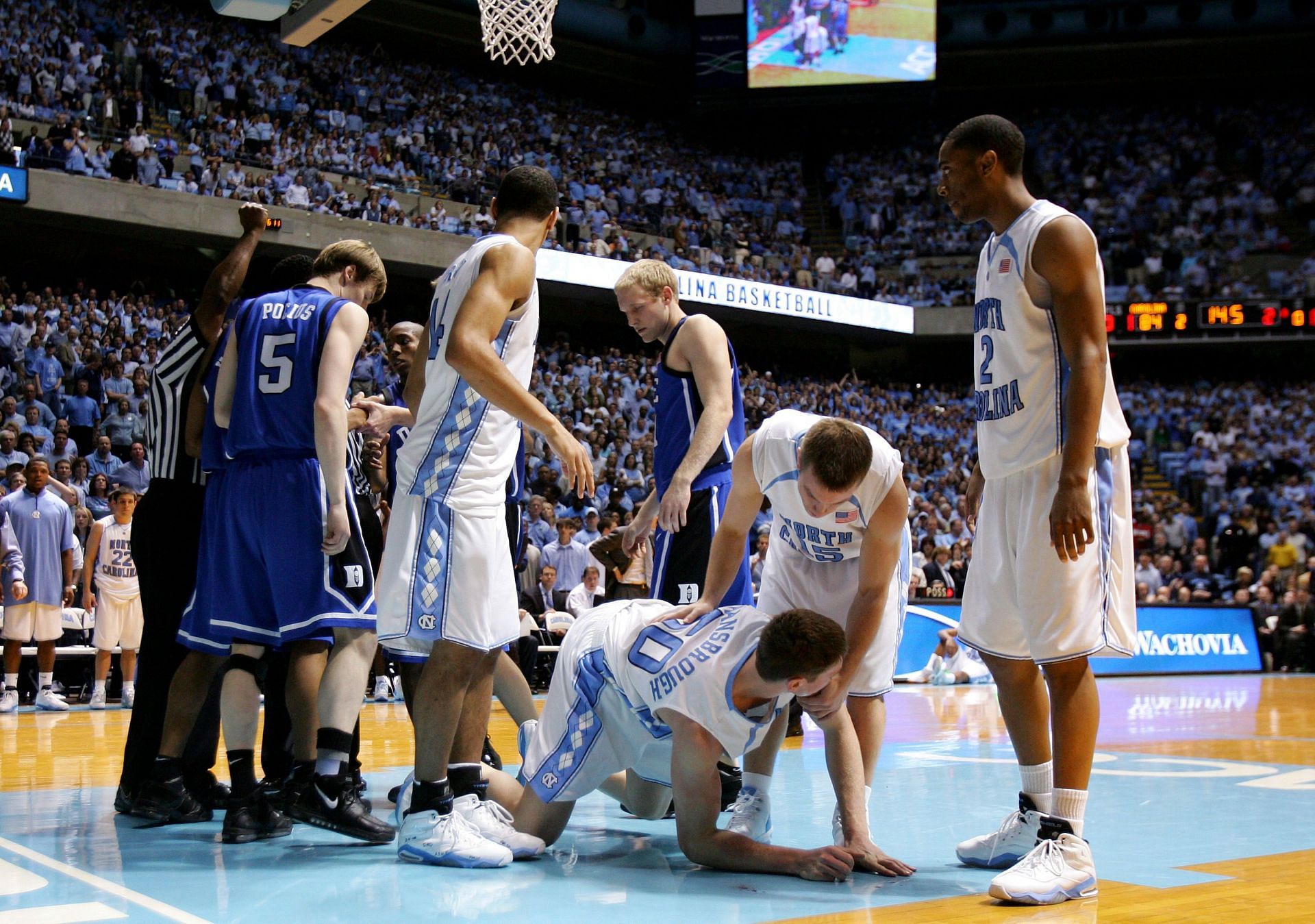North Carolina&#039;s Tyler Hansbrough, who had been taken down by Duke&#039;s Gerald Henderson and whose face was about to turn into a near-pool of blood from the play,.