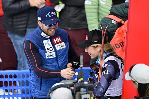 Mikaela Shiffrin (L) and Aleksander Kilde at Audi FIS Alpine Ski World Cup Finals - Women's Giant Slalom