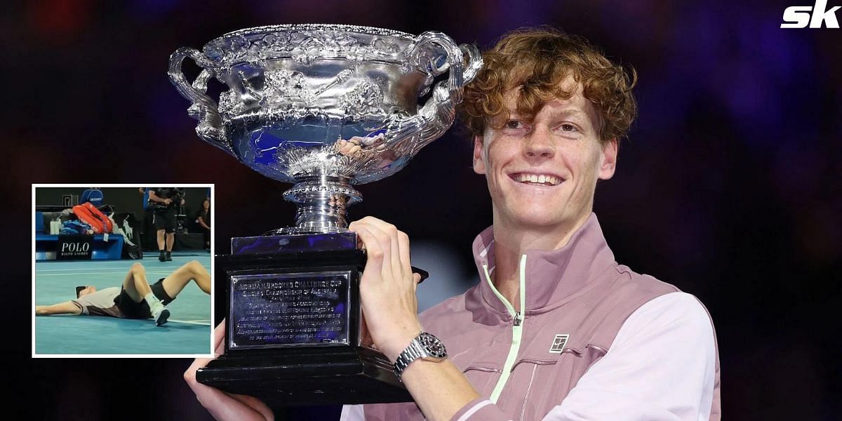 Jannik Sinner falls to ground after winning the Australian Open final (inset)