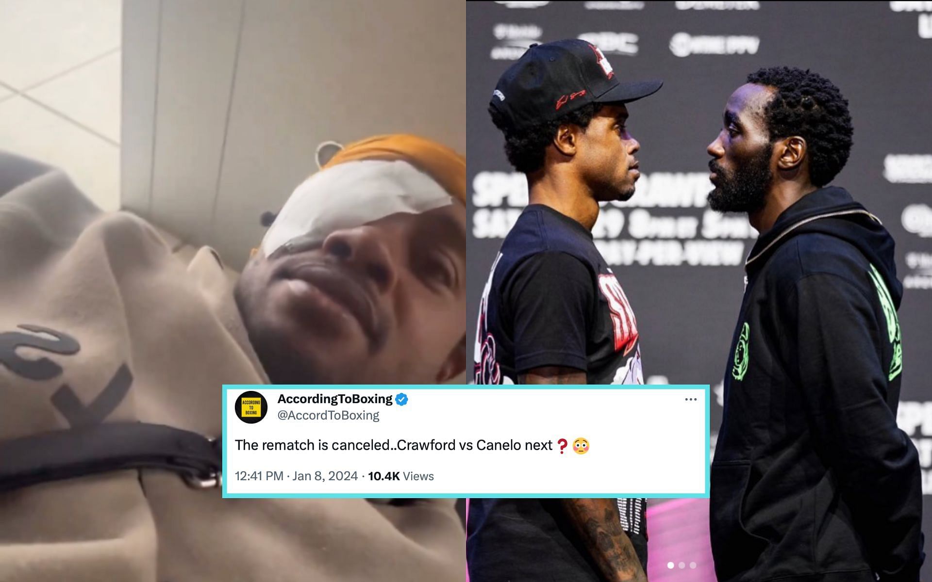 Errol Spence Jr. announcing recent eye surgery (left) which he claims affecting his performance in fight with Terence Crawford (right) [Photo Courtesy @errolspencejr on Instagram]
