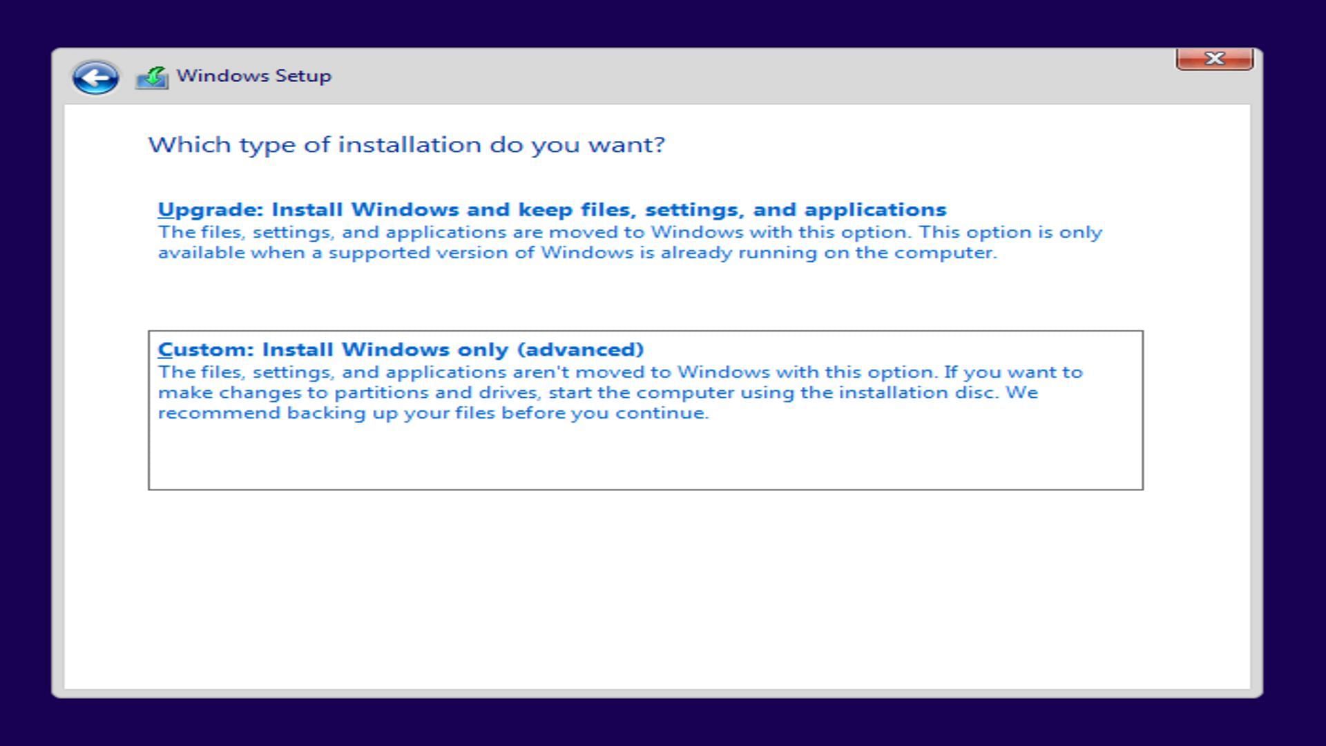 Windows Custom setup (Image via Microsoft)