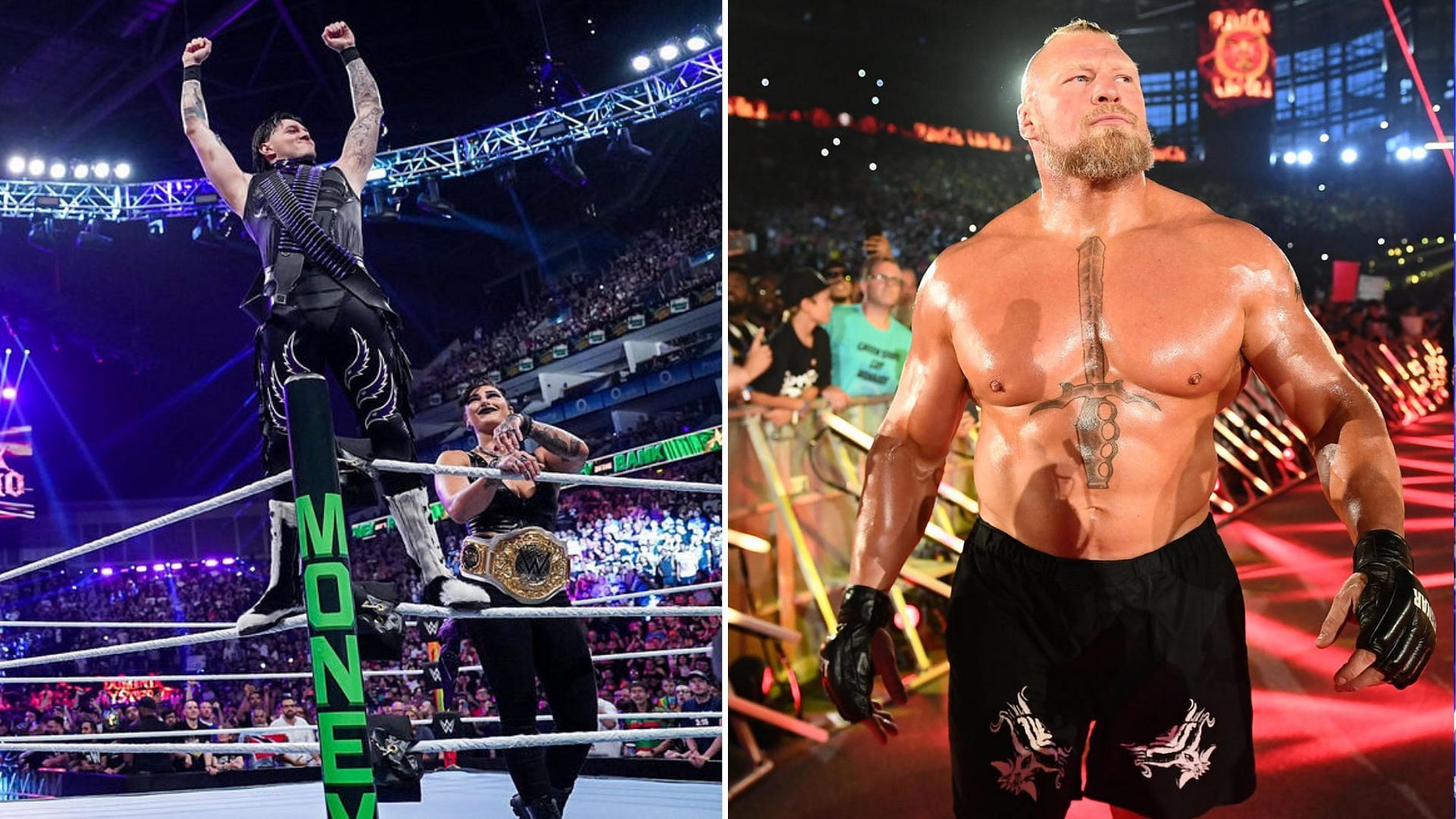 Dominik Mysterio with Rhea Ripley (left); Brock Lesnar (right)