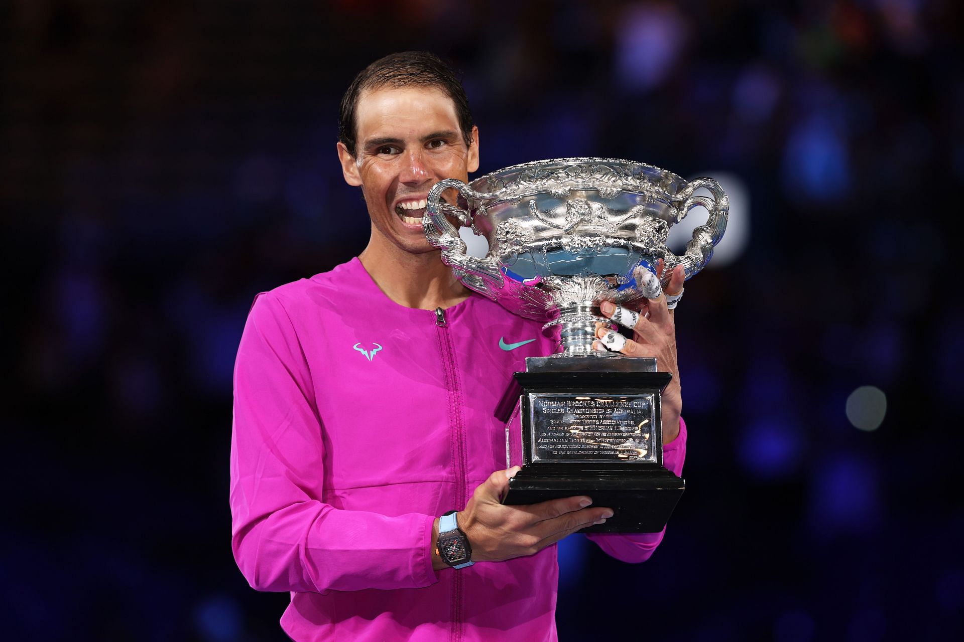 Rafael Nadal pictured with his Australian Open 2022 trophy