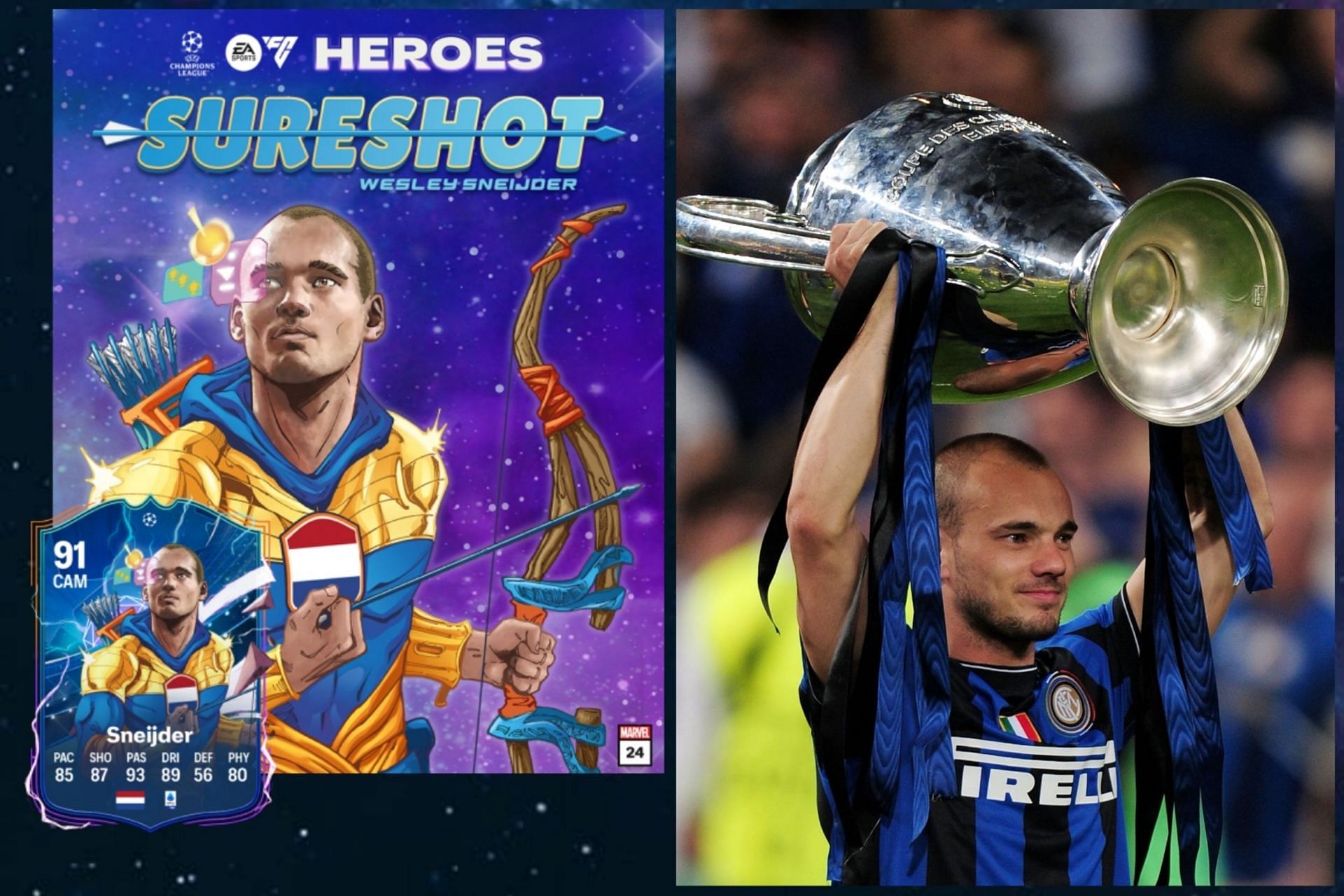 Wesley Sneijder - 5th in Best UEFA Heroes in EA FC 24 list (Image via EA Sports and UEFA)