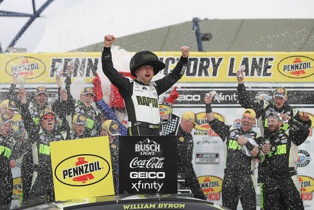 William Byron celebrating his 2023 Pennzoil 400 victory