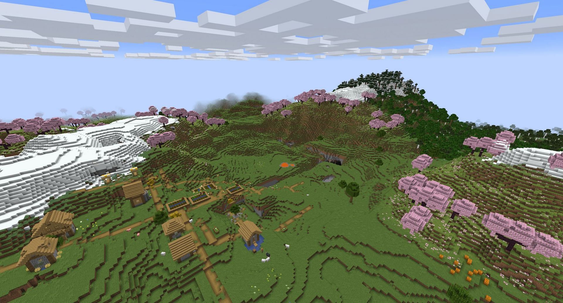 The mountaintop village surrounded by cherry groves. (Image via Mojang)