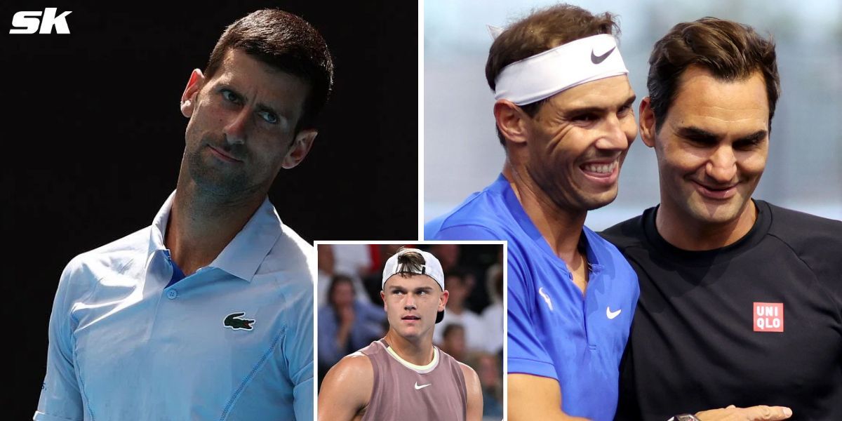 Novak Djokovic (L), Rafael Nadal with Roger Federer (R); Holger Rune