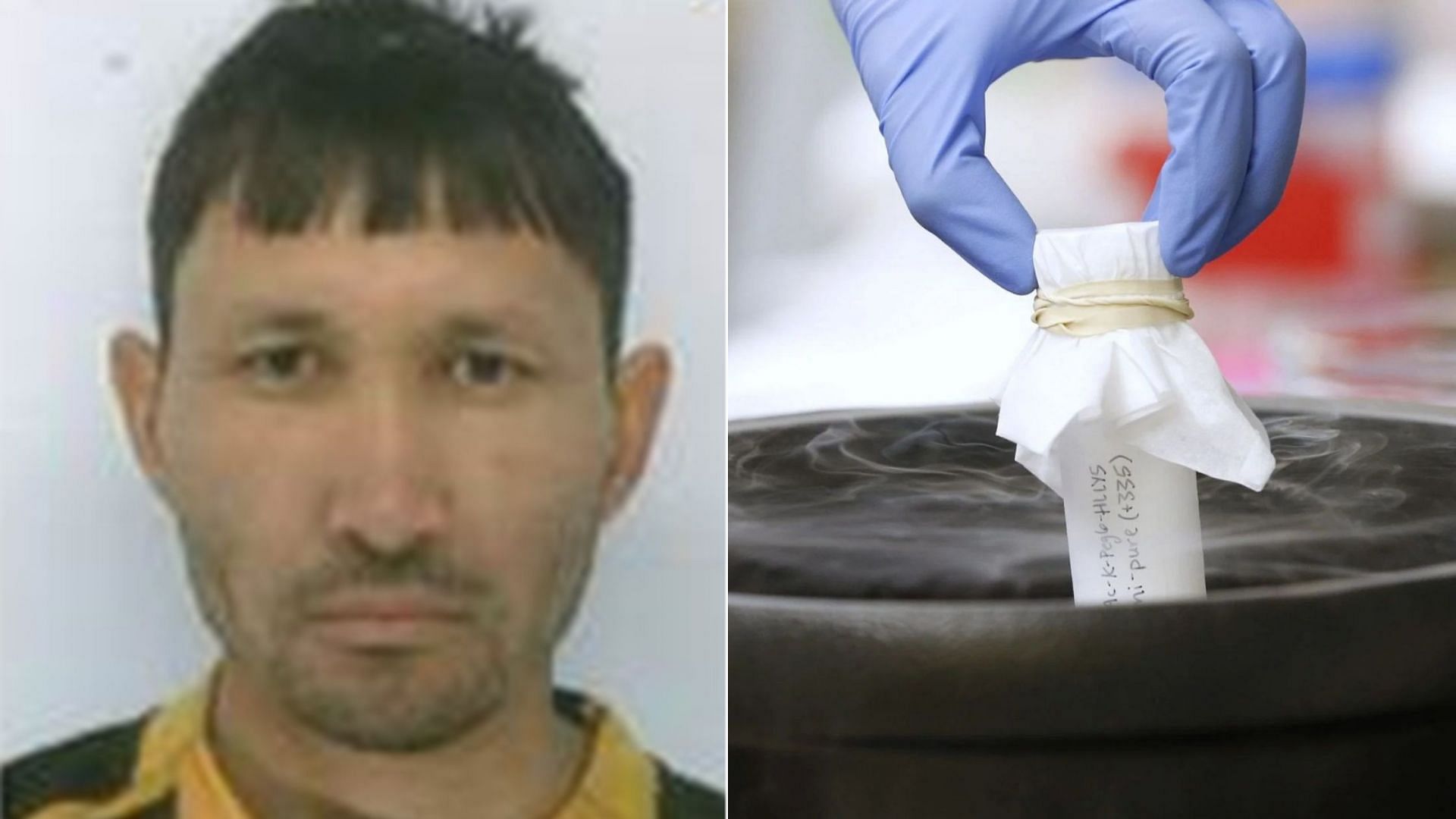 A suspect image of Abdul Shakoor Ezedi released by Met Police (R) and a representative image of acid (L) (Image via X/@LambethMPS and Getty)