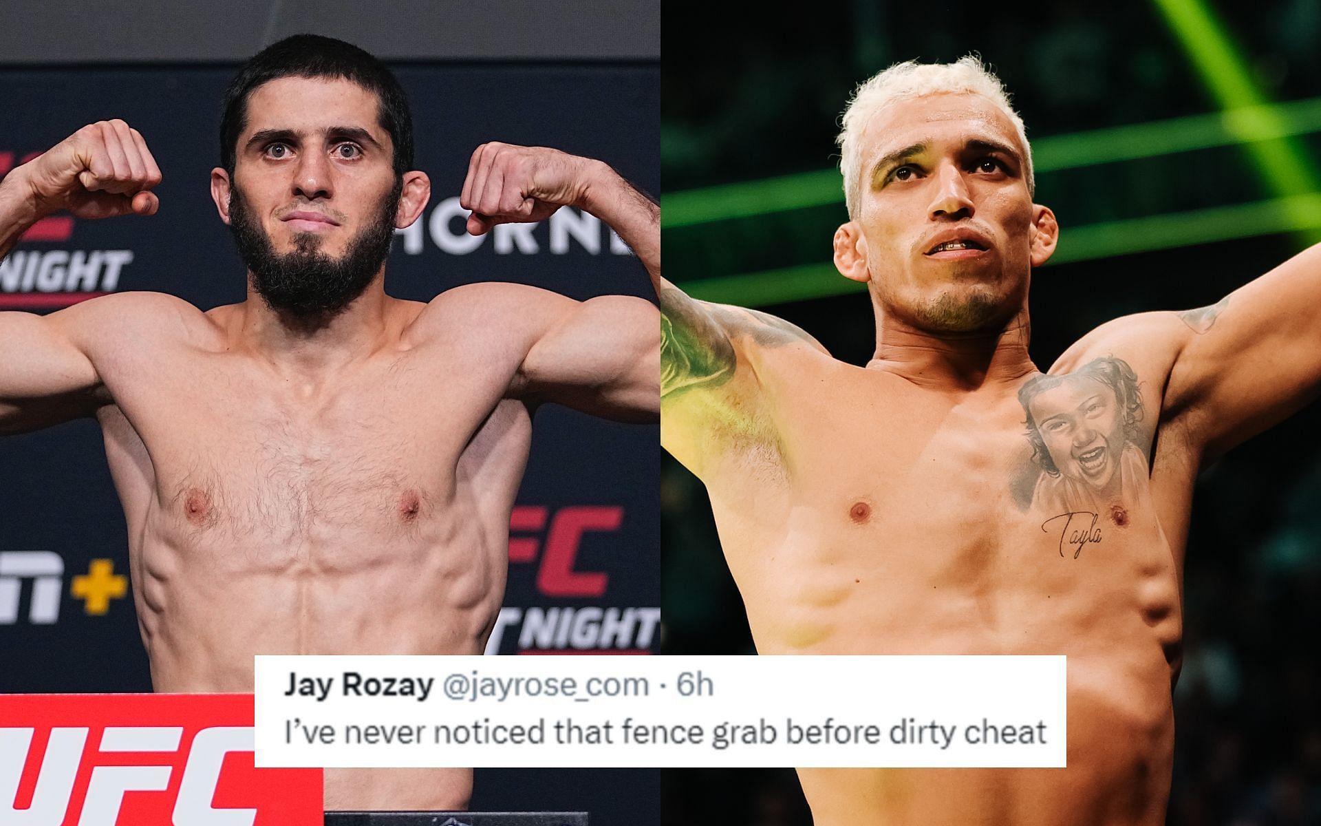 Fans react to Islam Makhachev (left) vs. Charles Oliveira (right) fight clip [Image via: Getty Images 