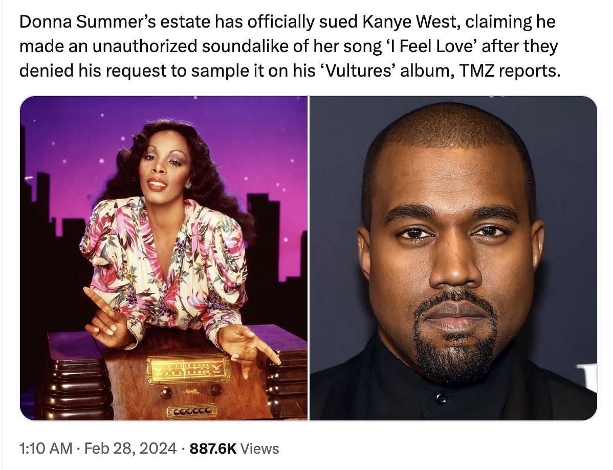 Social media users lash out at Ye as Donna Summer filed a case for using her song on the rapper. (Image via @PopBase/ X)