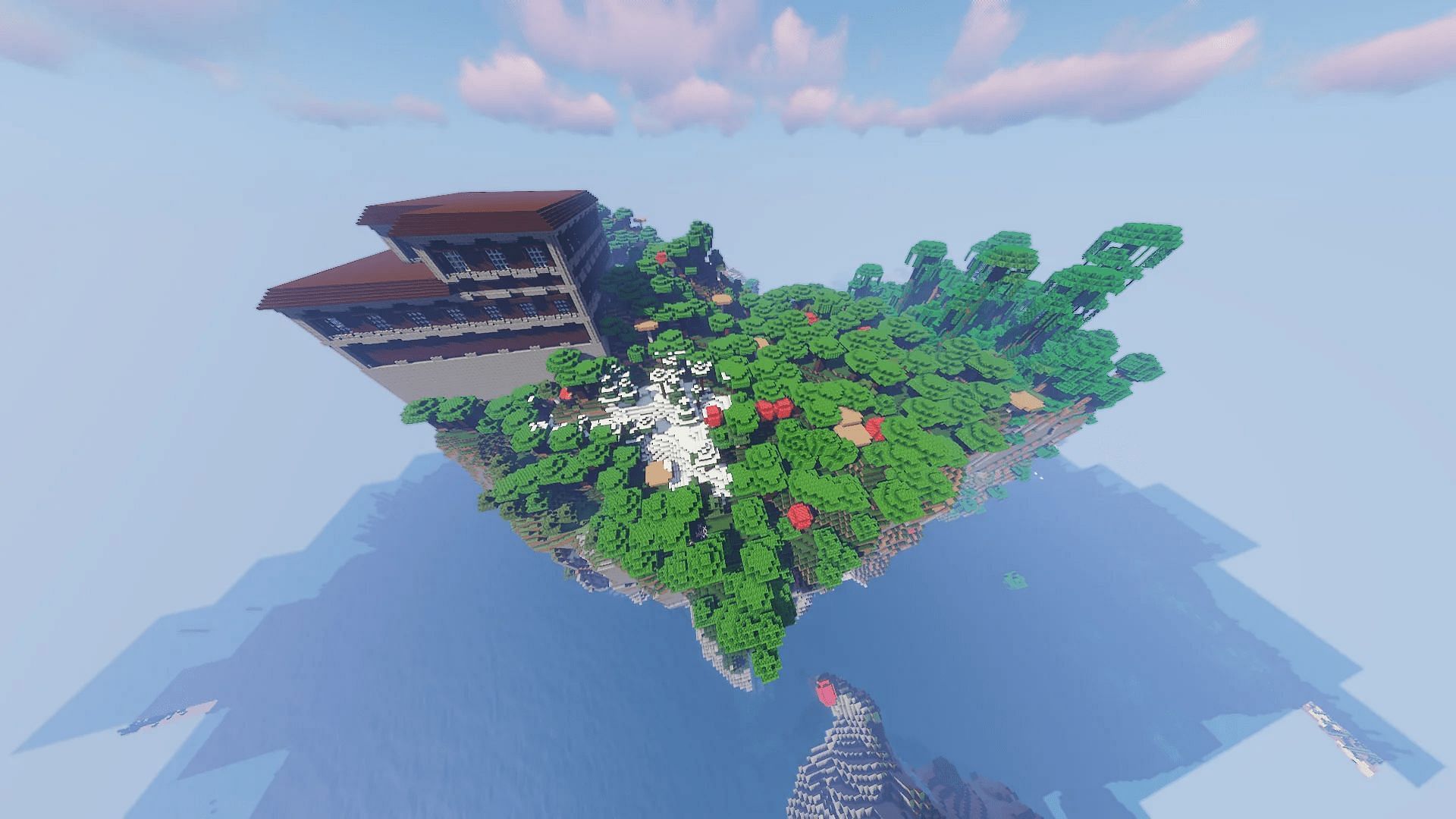 The cliff-like island in this Minecraft seed has multiple structures to check out (Image via MZEEN1367/Reddit)