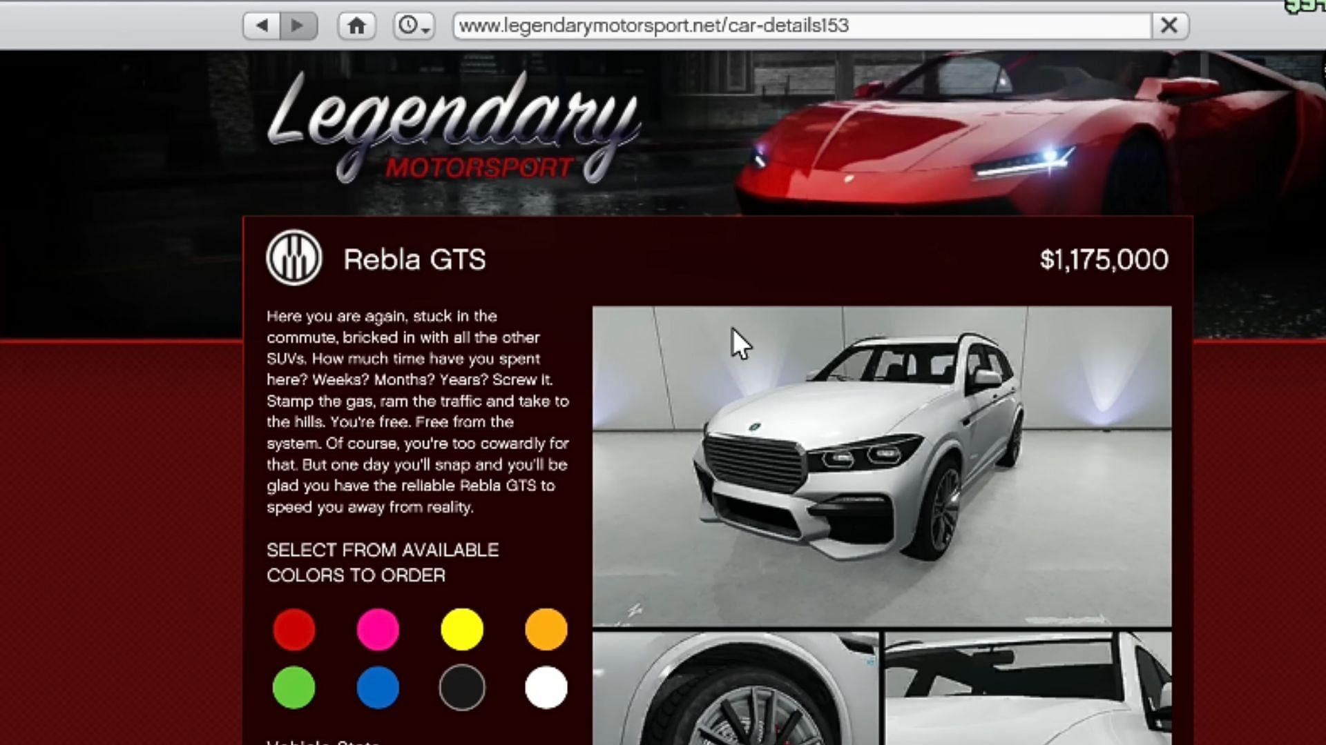 Rebla GTS&#039; page on the Legendary Motorsport website (Image via YouTube/Digital Car Addict)