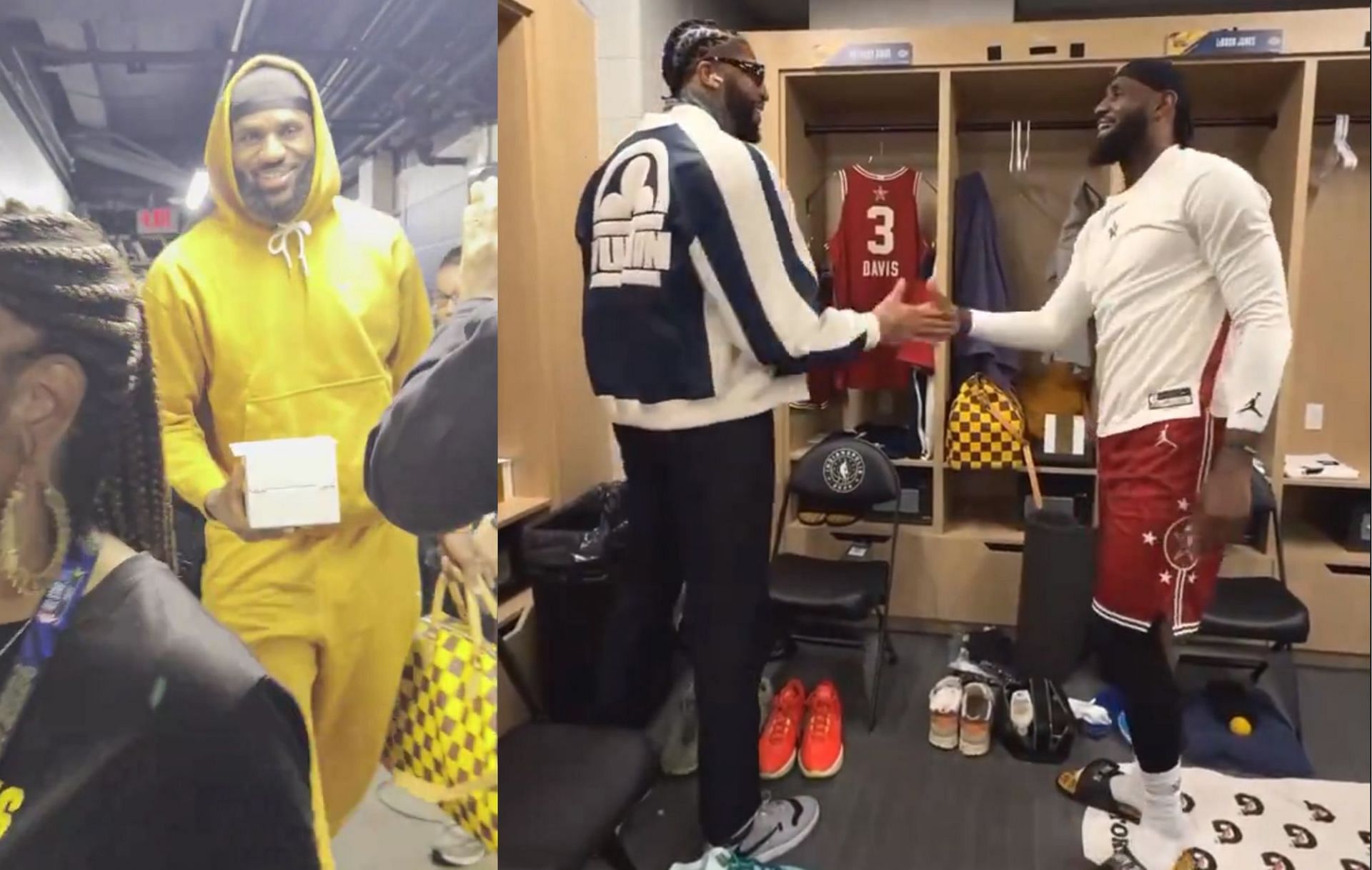 LeBron James arrives at the NBA Western Conference locker room carrying an LV Speedy 50 Bandouli&egrave;re Damier Pop