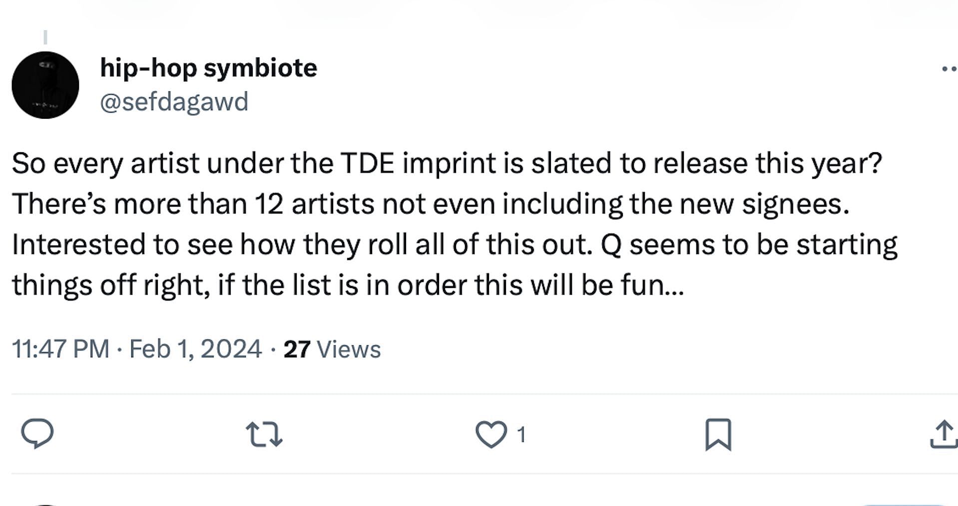 A ScHoolboy Q fan excitedly reacts to the alleged Top Dawg Entertainment project (Image via X/@sefdagawd)