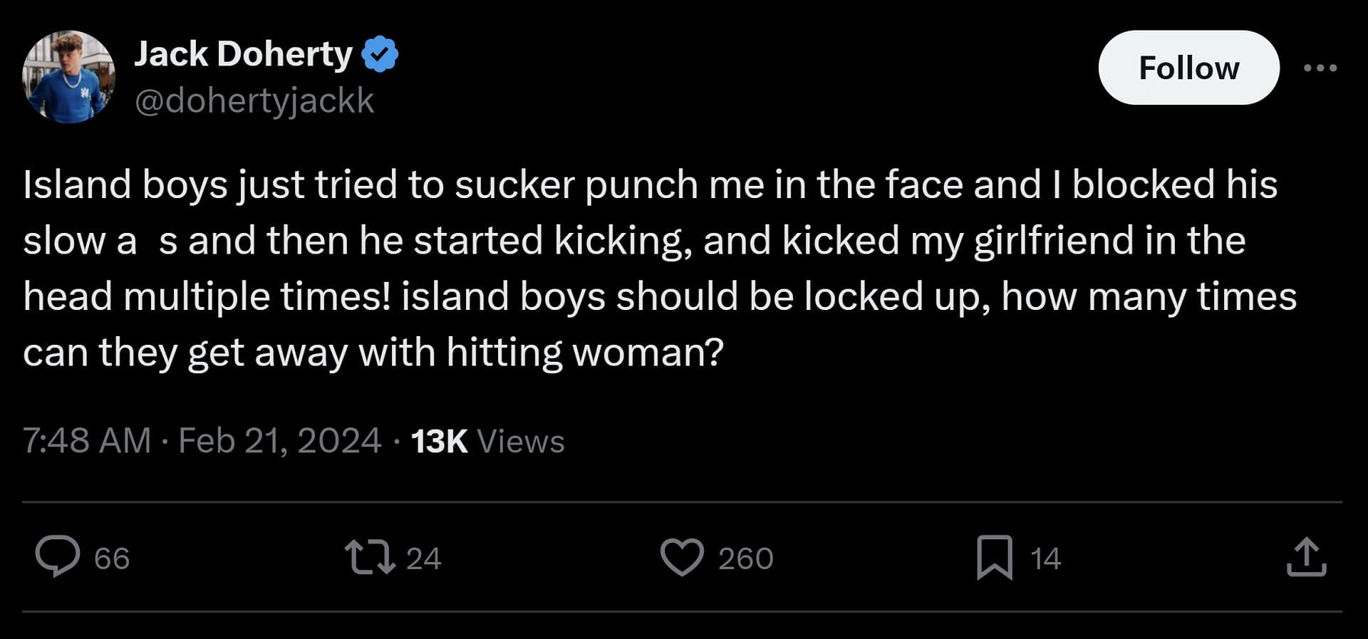 The Kick streamer&#039;s recent tweet, in which he accused the Island Boys of assaulting his girlfriend (Image via @dohertyjackk/X)