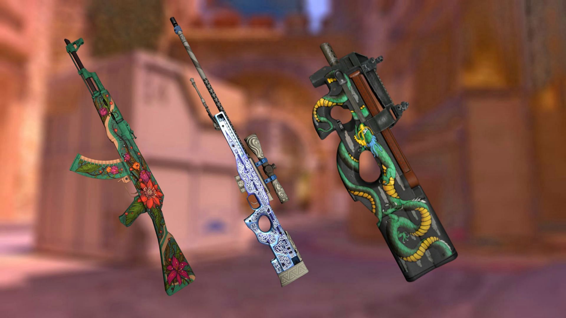 AK-47, AWP, and P90 CS2 (Image via Valve)