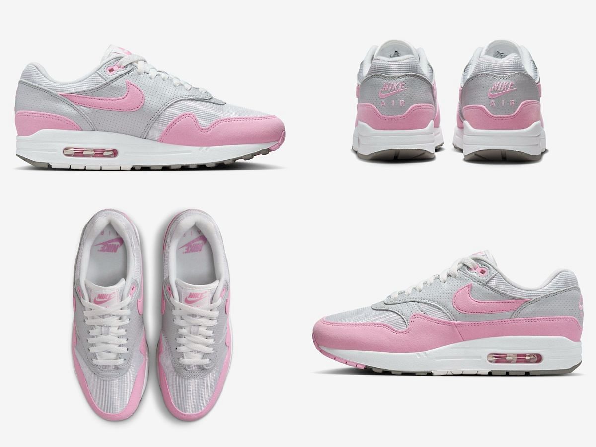 Closer look at the Nike Air Max 1 &rsquo;87 &ldquo;Metallic Platinum/Pink Rise&rdquo; sneakers (Image via YouTube/@ragnoupdates)