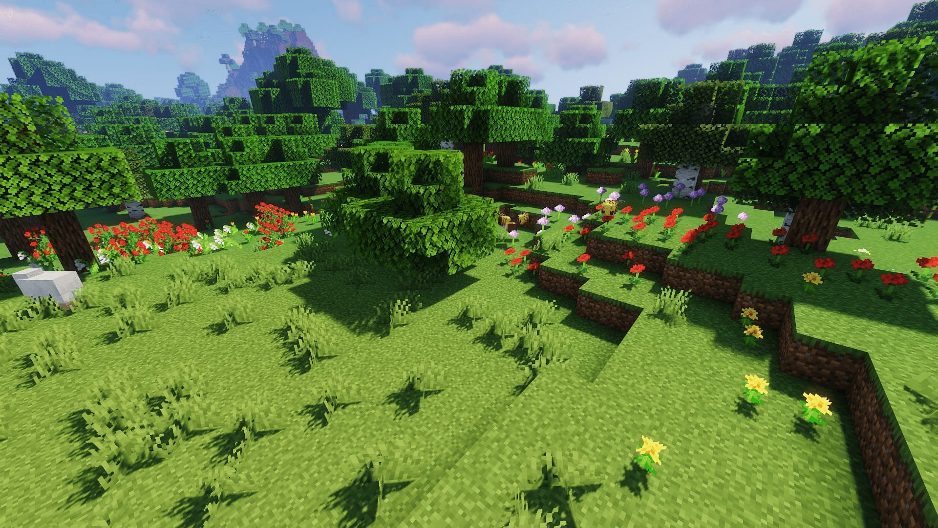 Bees flying around flowers (Image via Mojang)