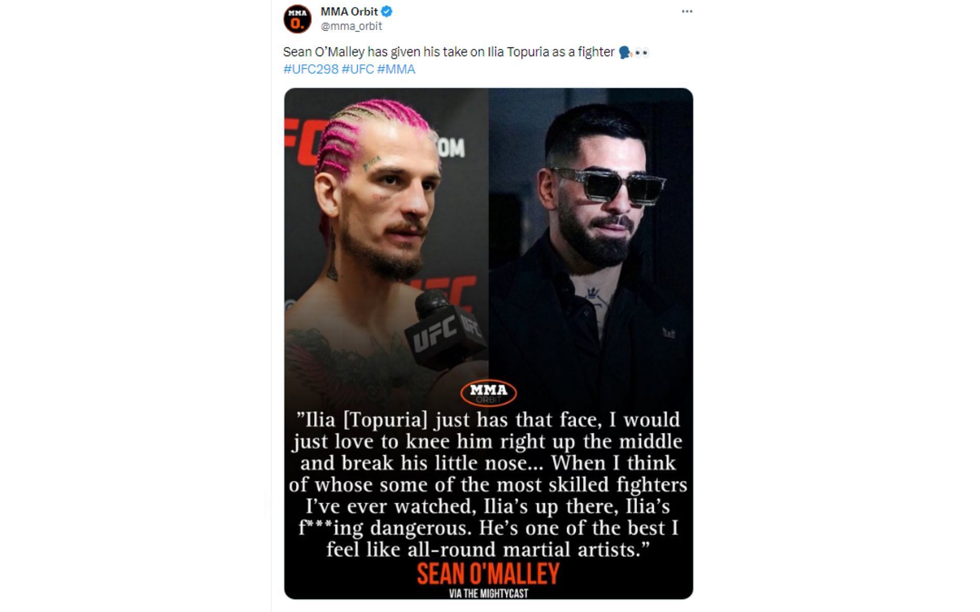 Tweet regarding Sean O&#039;Malley&#039;s comments about Topuria [Image courtesy: @mma_orbit - X]