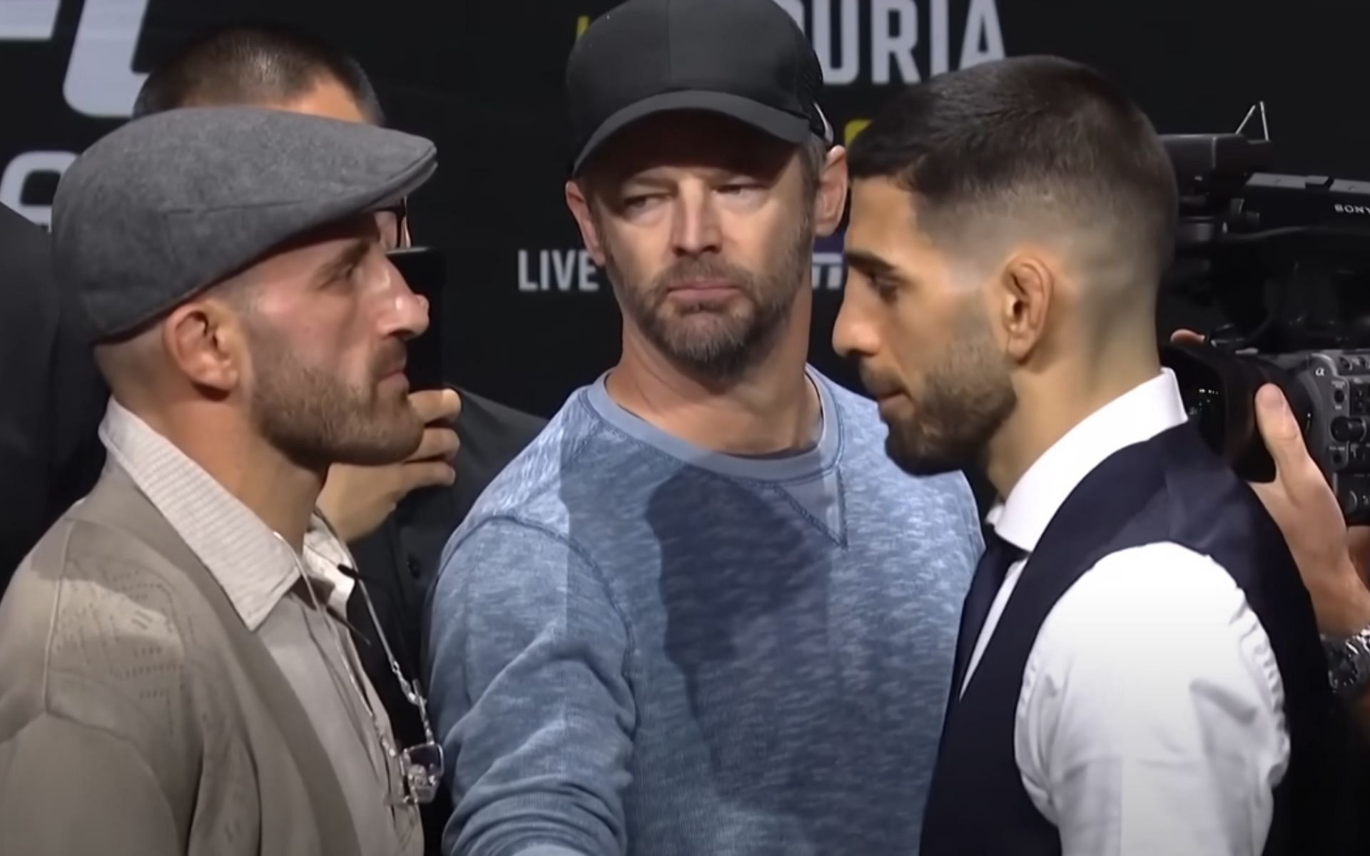 Alexander Volkanovski (left) and Ilia Topuria (right) partook in a reverential face-off at the end of the UFC 298 pre-fight press conference [Image courtesy: UFC on YouTube]