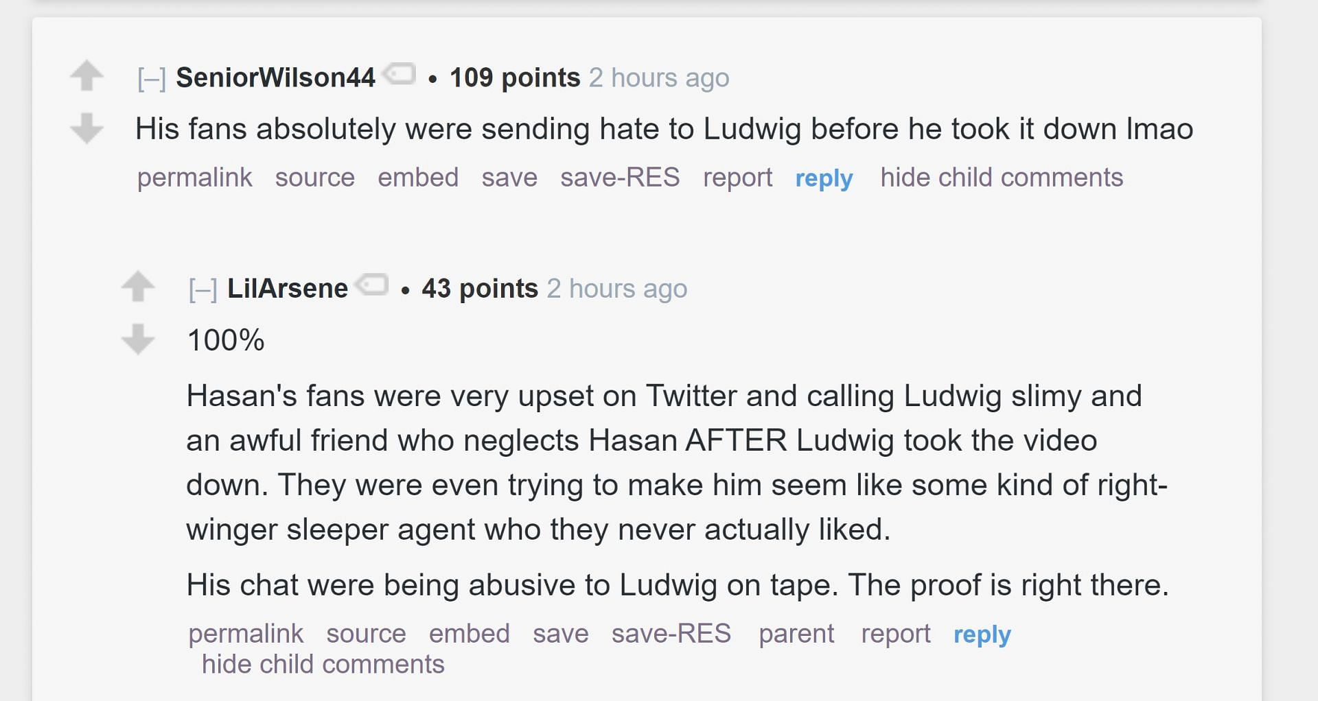 Redditors u/SeniorWilson44 and u/LilArsene&#039;s comments (Image via r/LivestreamFail subreddit)