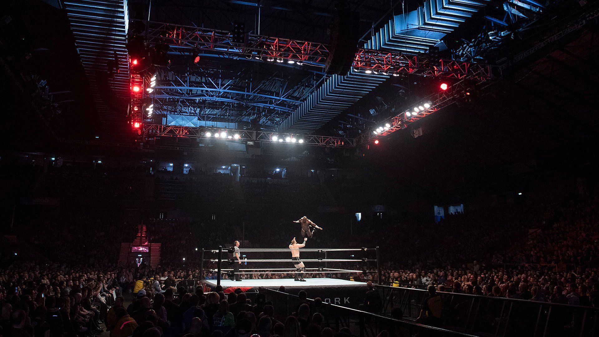 A packed crowd watches the WWE live event in Newcastle, England
