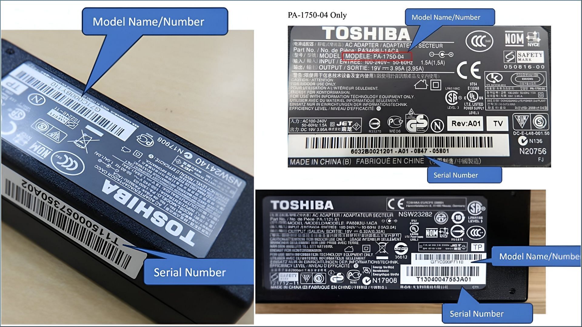 The recalled Toshiba laptop adapters may overheat and could even catch fire (Image via CPSC)