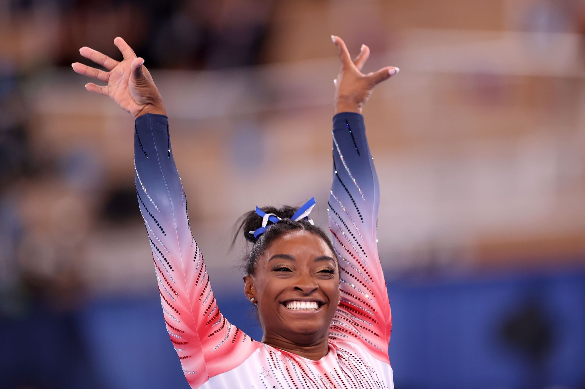 Simone Biles of Team United States competes in the Women's Balance Beam Final at the 2020 Olympic Games at Ariake Gymnastics Centre in Tokyo, Japan.