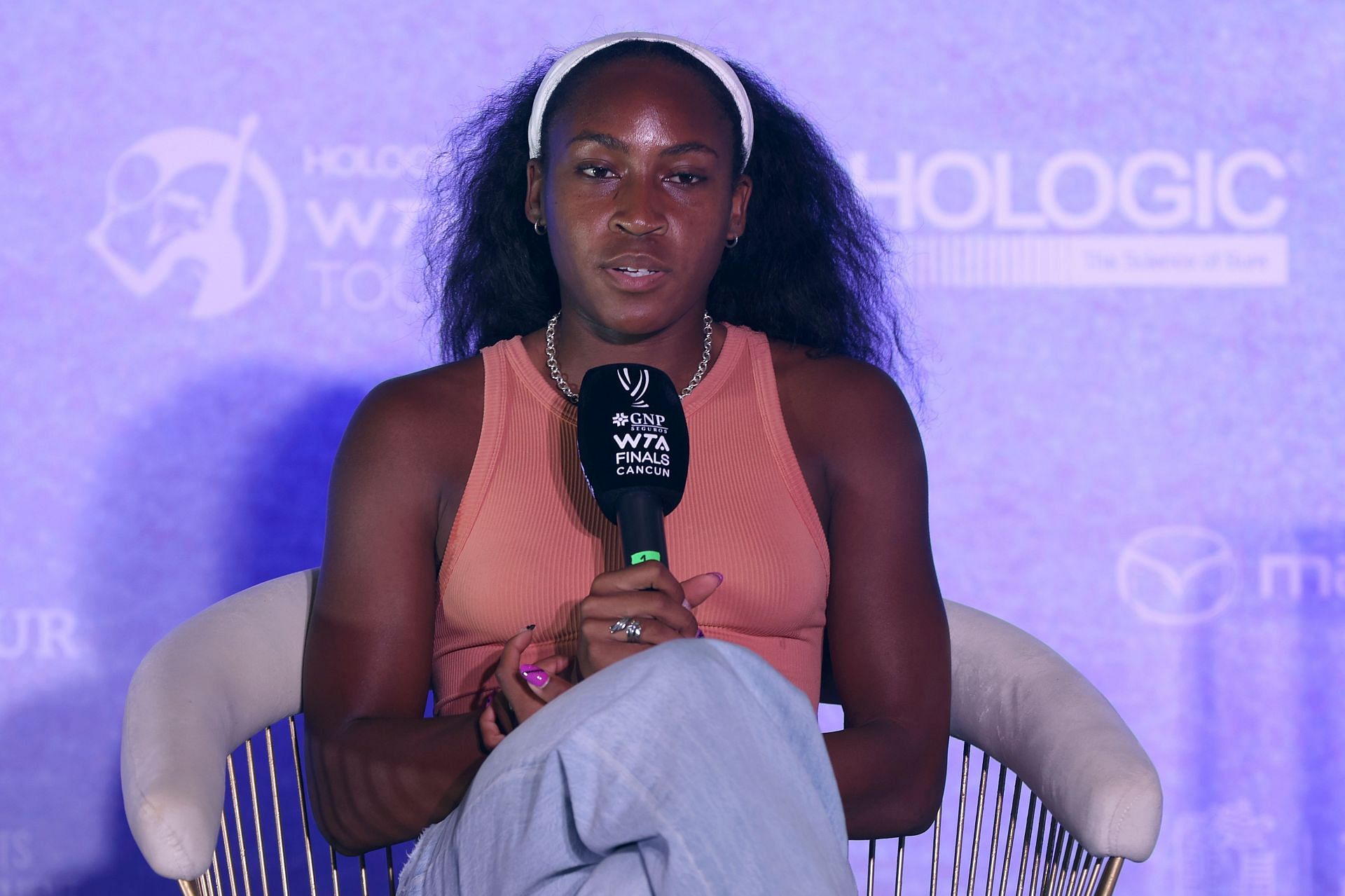 Coco Gauff speaking to the press at the 2023 WTA Finals