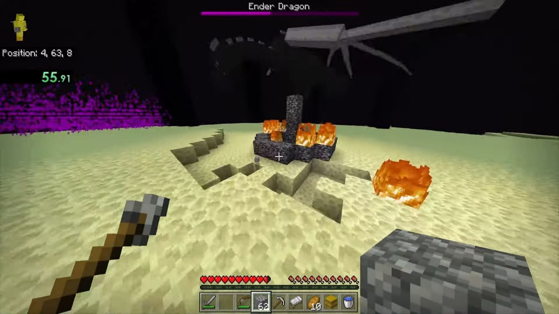 When the Ender Dragon hovers over the exit portal in Minecraft, it&#039;s an easy target for explosive beds. (Image via Kiwiest Birb/YouTube)