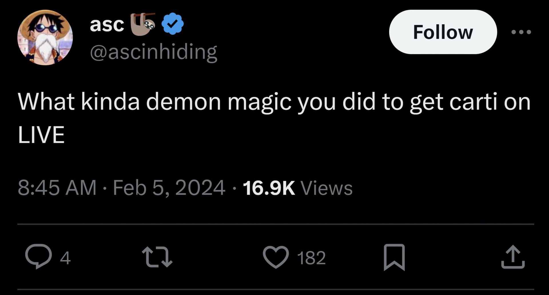 X user @ascinhiding wondering &quot;what kind of demon magic&quot; the Kick star did to get Playboi Carti on his channel (Image via @adinross/X)