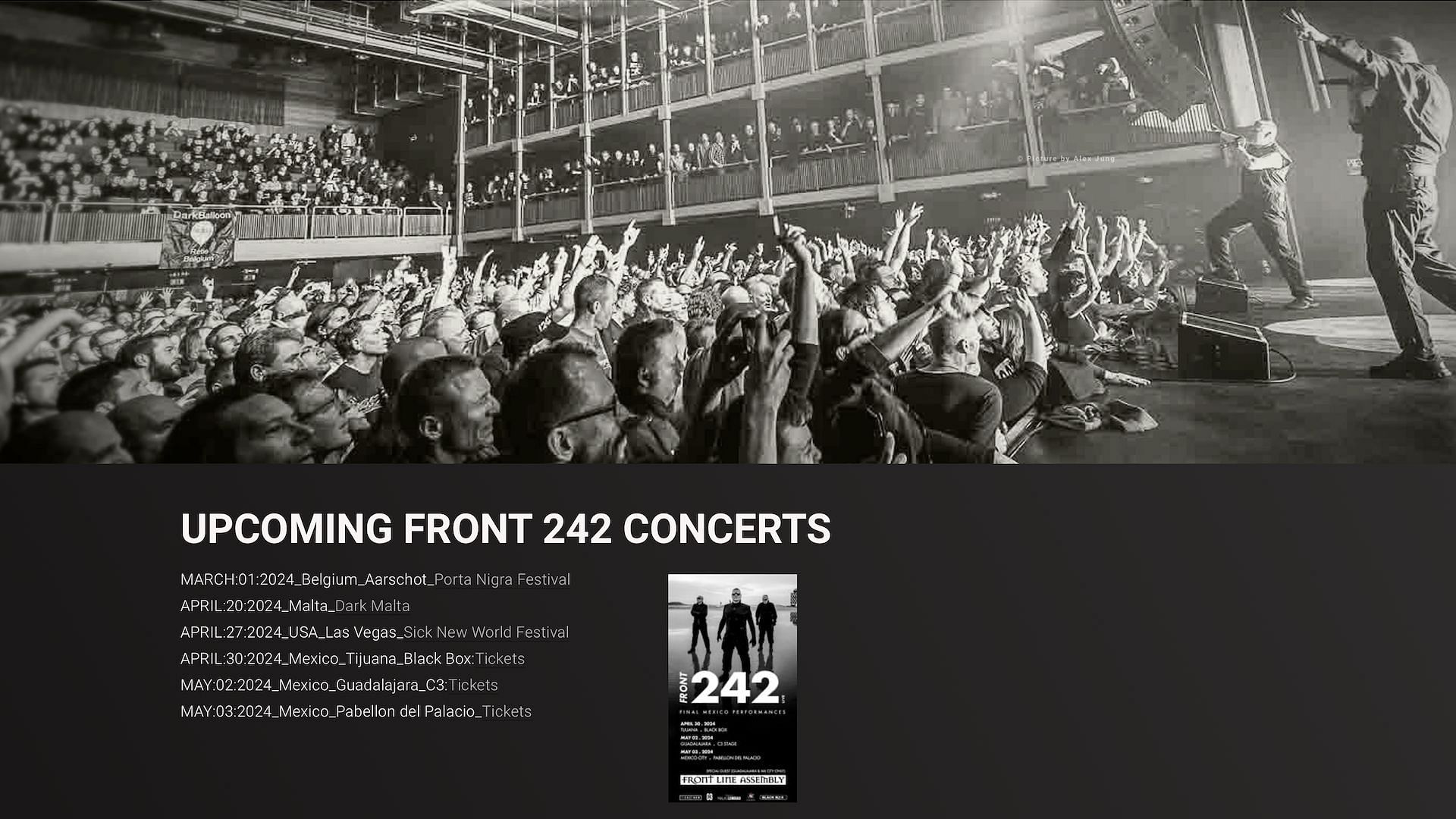 Screenshot of the Front 242 website where the upcoming festivals are listed along with links to their tickets (Image via front242.com)