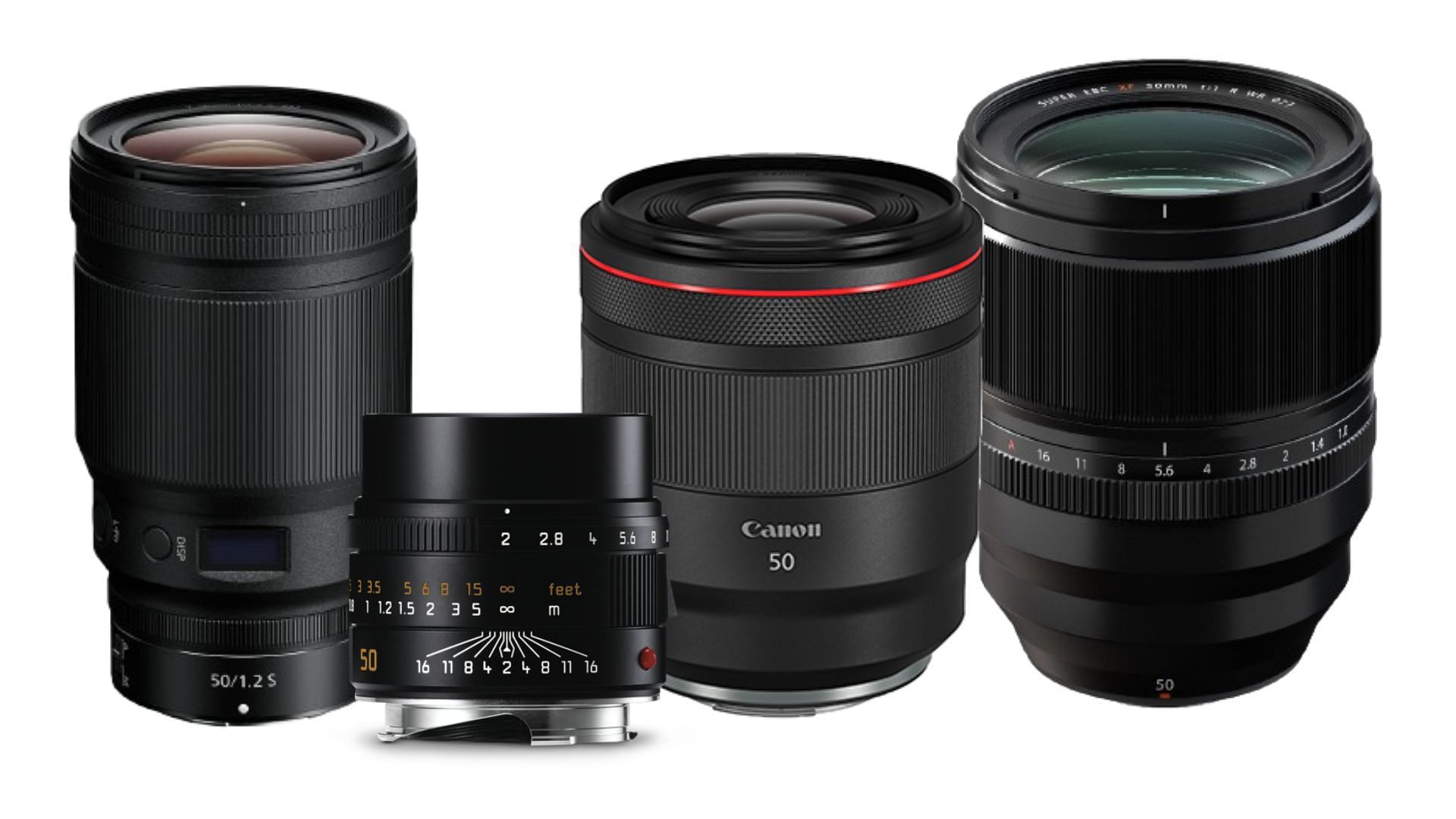 A few of the best 50mm lenses available (Image via Canon, Leica, Fujifilm, Nikon)