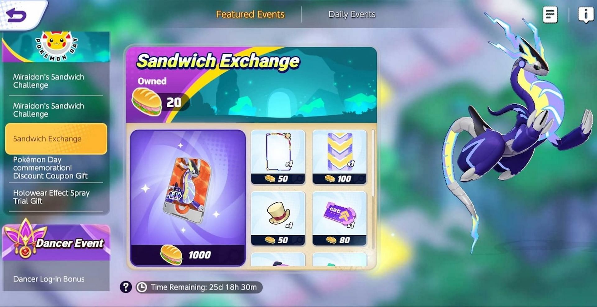 You can get Miraidon in exchange for 1000 sandwiches (Image via The Pokemon Company)