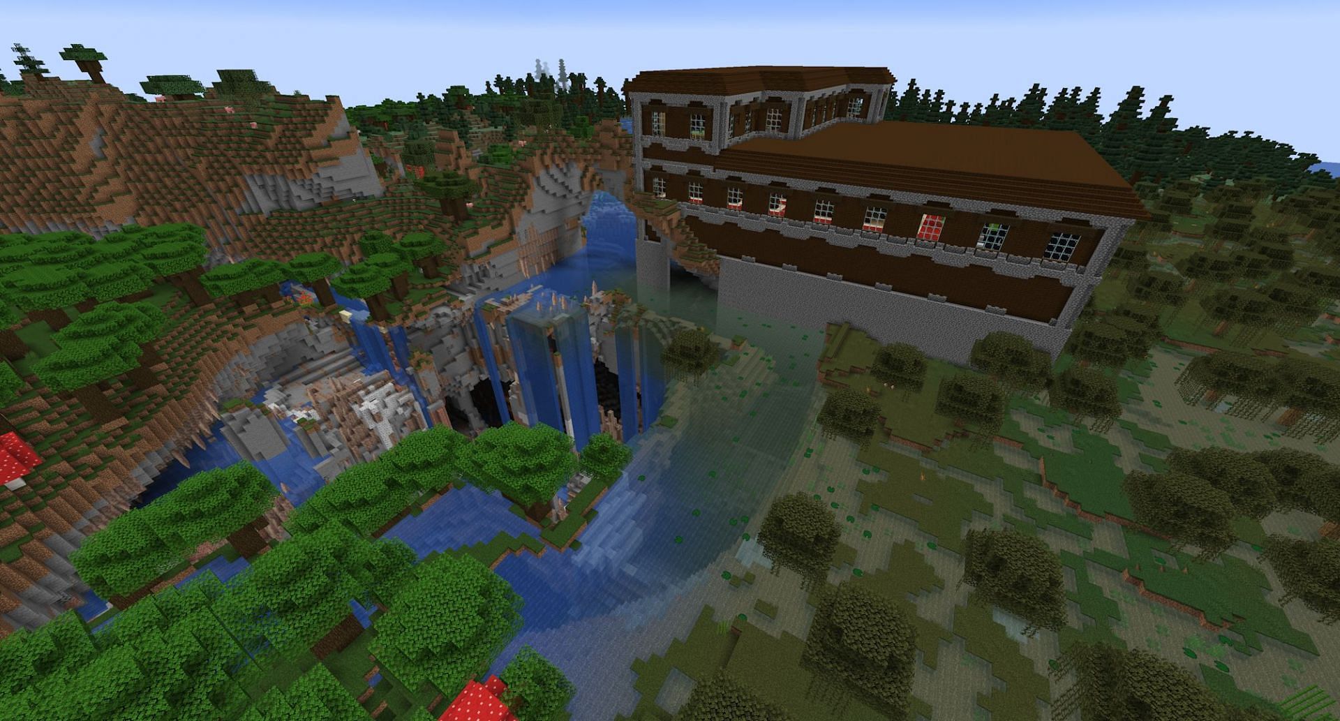 The mansion with the massive cave underneath (Image via Mojang)