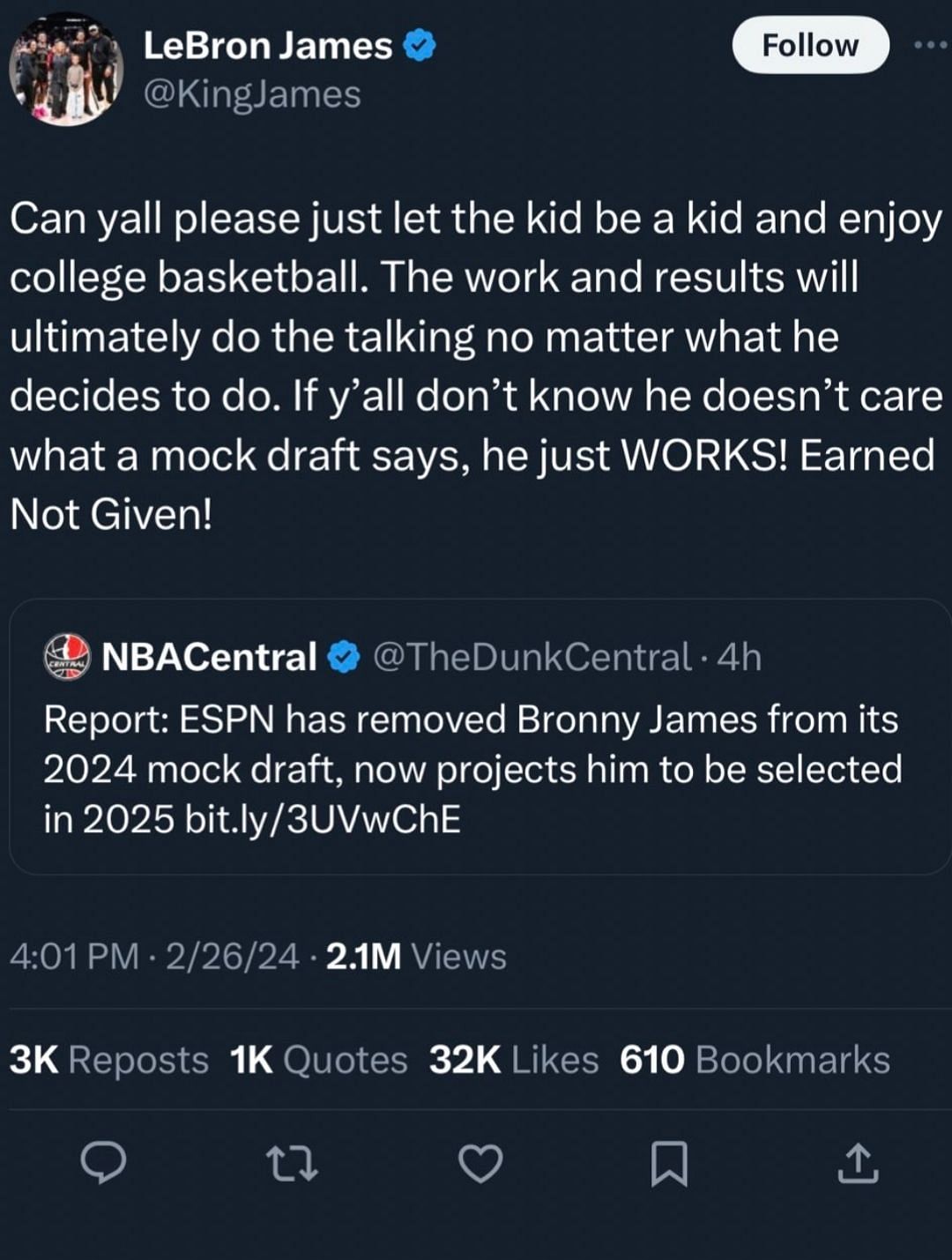 LeBron James defends Bronny James