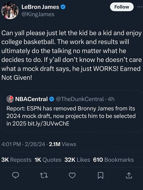 LeBron James defends Bronny James