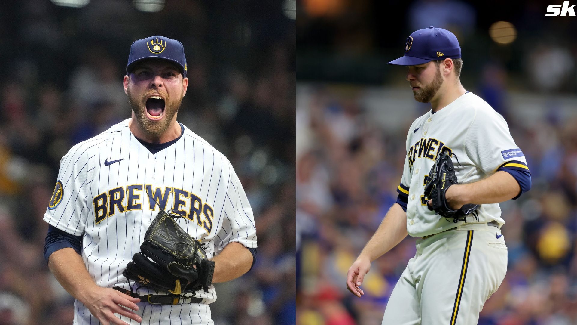 Corbin Burnes of the Milwaukee Brewers reacts to striking out a batter against the Washington Nationals at American Family Field