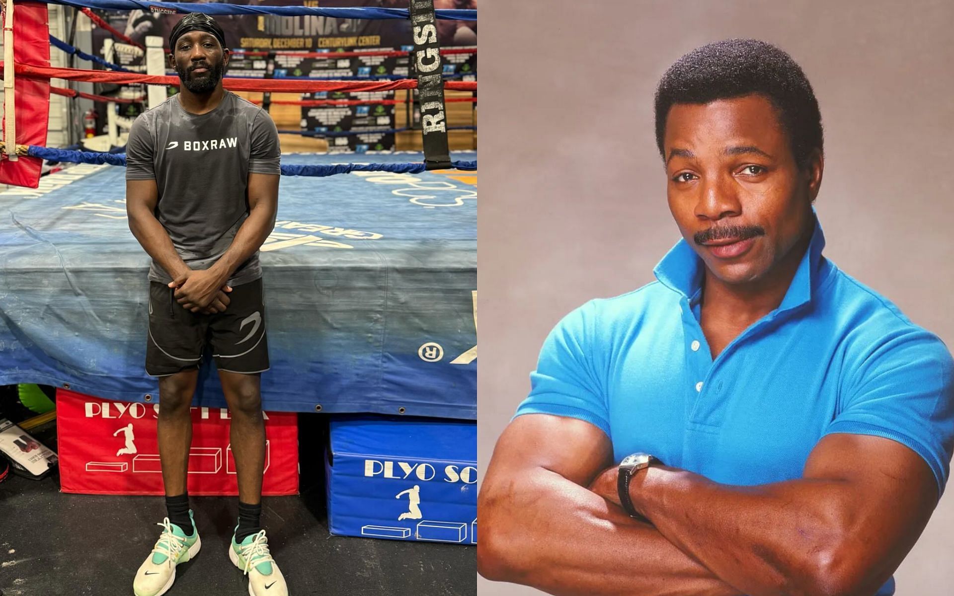 Terence Crawford (left) reacts to the death of Carl Weathers (right) on Instagram [Photo Courtesy @tbudcrawford on Instagram and @complexpop on X]