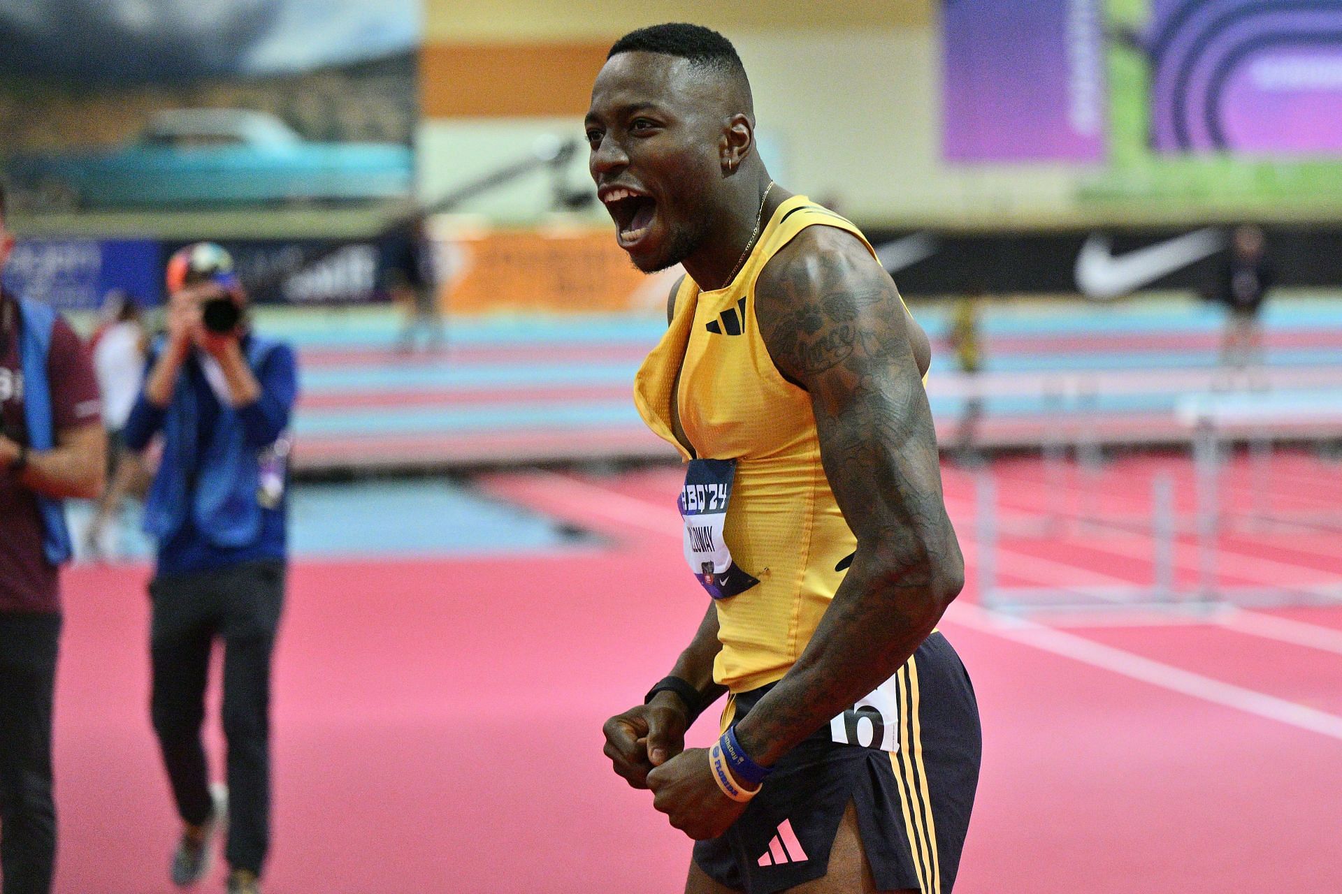 Grant Holloway celebrates after setting a world record in the first round of the Men&#039;s 60m Hurdles during the 2024 USATF Indoors. (Photo by Sam Wasson/Getty Images)