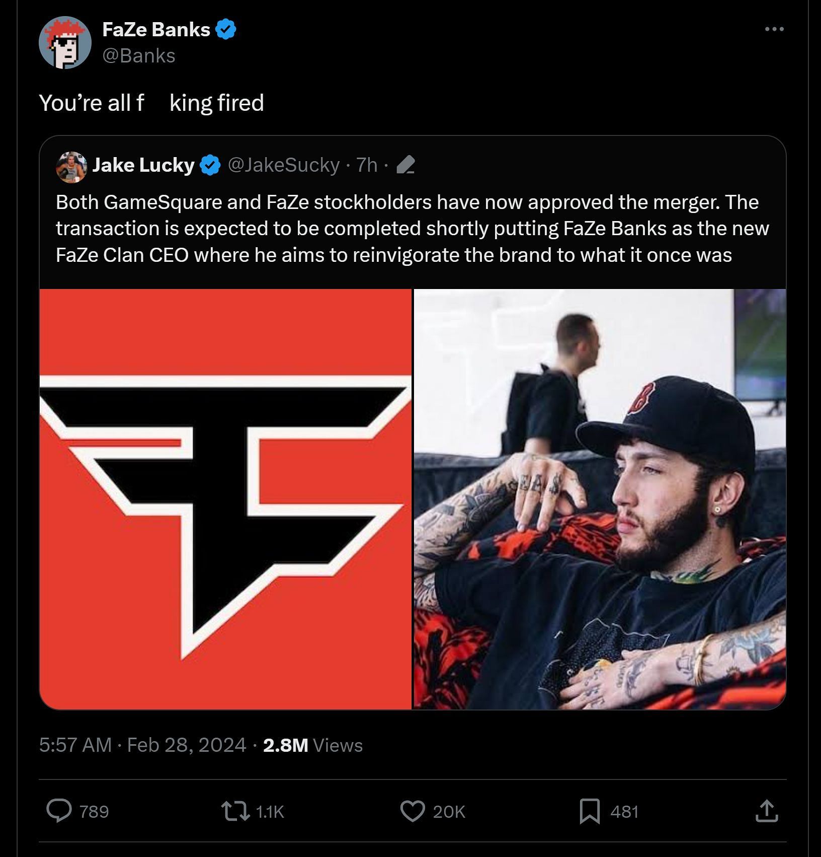 FaZe Banks&#039; response to becoming the new CEO of the organization. (Image via X) Enter caption