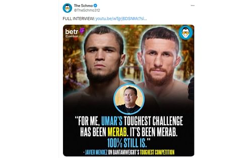 Tweet regarding Mendez's comment about Umar Nurmagomedov's toughest challenge at 135 pounds [Image courtesy: @TheSchmo312 - X]