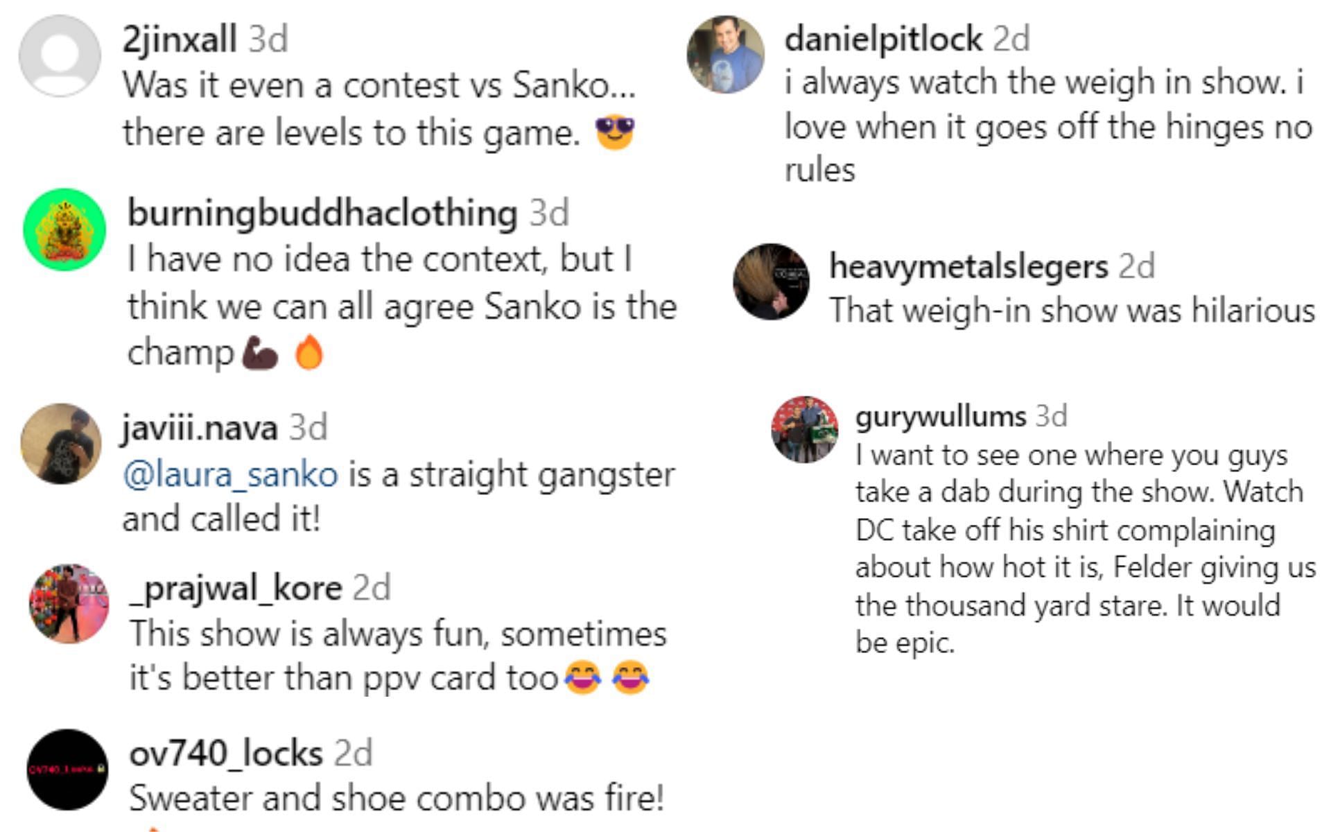 Screenshot of fan reactions to Laura Sanko&#039;s post on Instagram