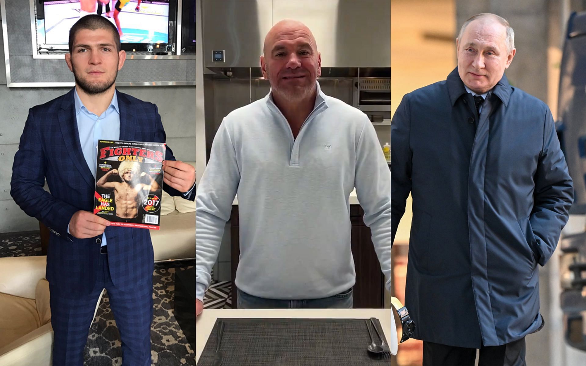 Dana White (center) reveals Vladimir Putin (right) rewarded to Khabib Nurmagomedov (left) for his UFC 229 victory [Images Courtesy: @danawhite, @TeamKhabib and @KremlinRussia_E X]