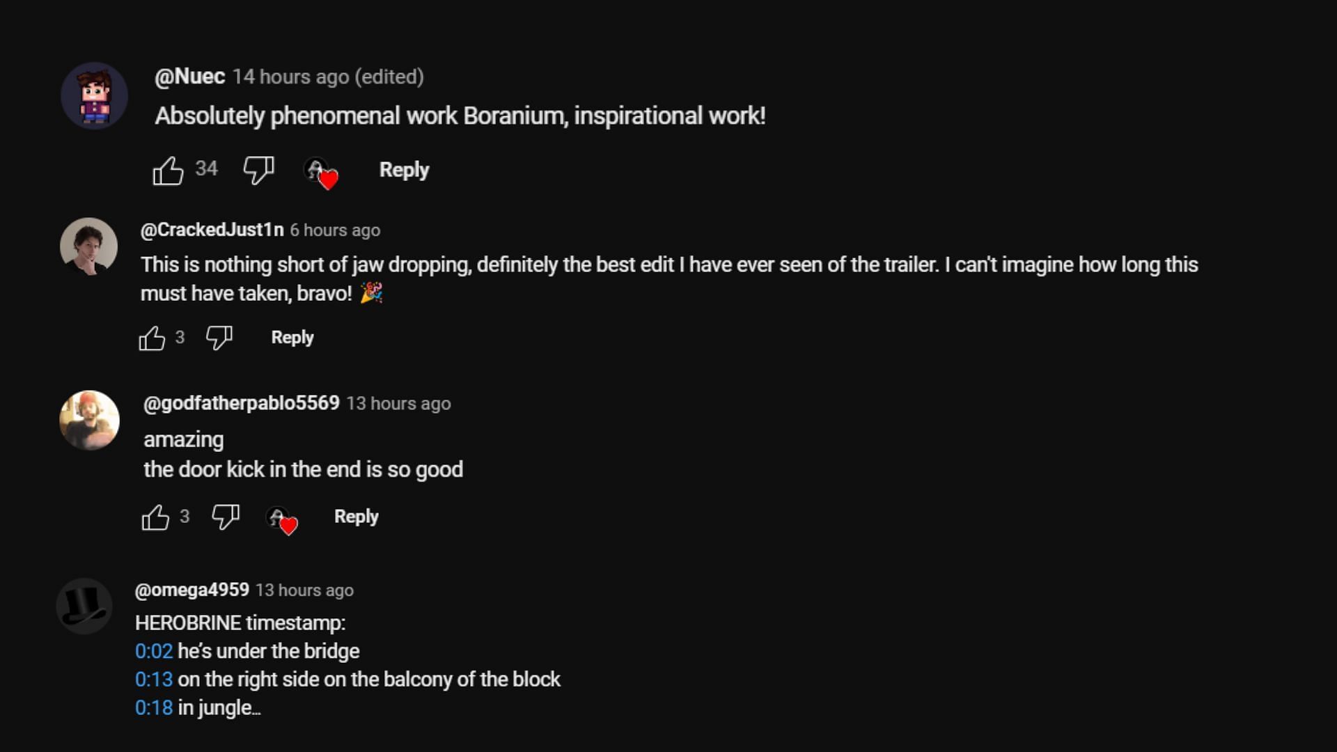 A few of the fans&rsquo; comments in the Mine Craft Auto VI trailer. (Image via YouTube)
