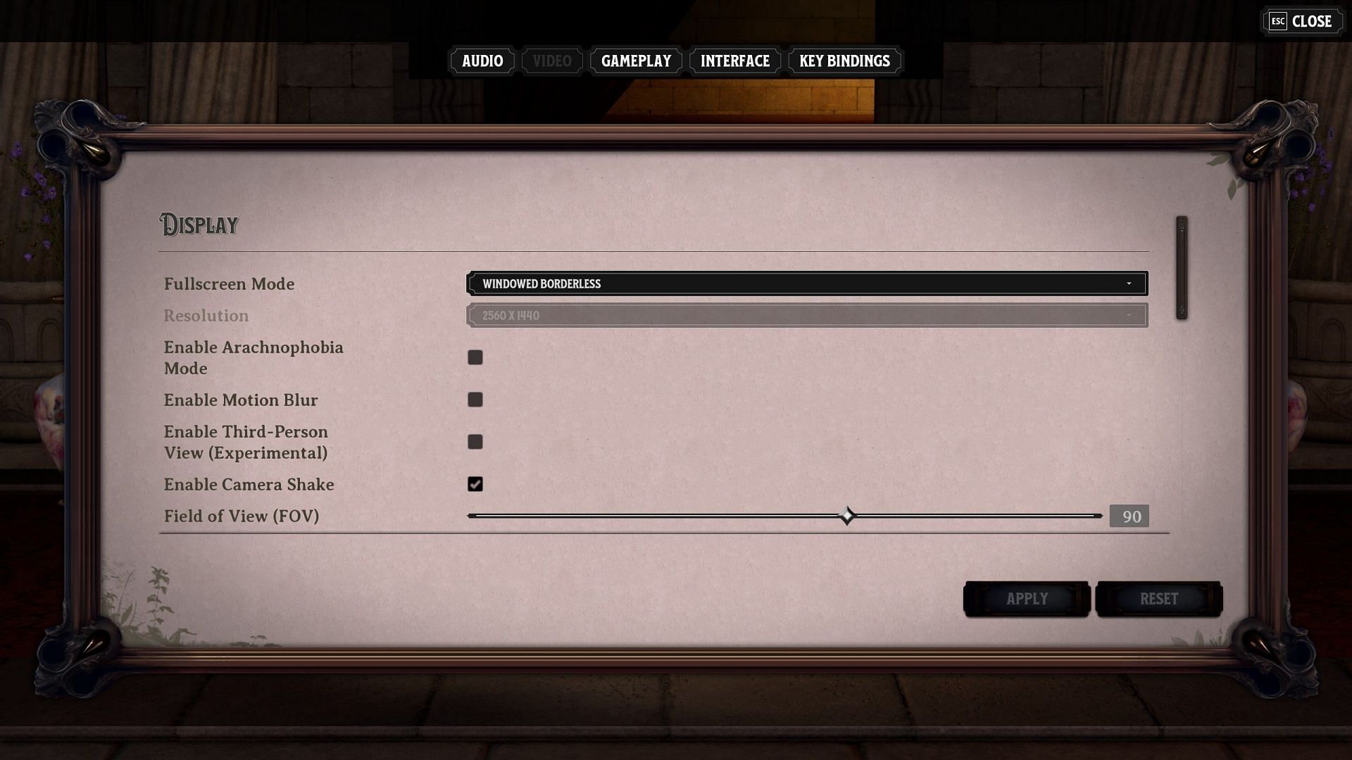 Options menu in Nightingale (Image via Inflexion Games)