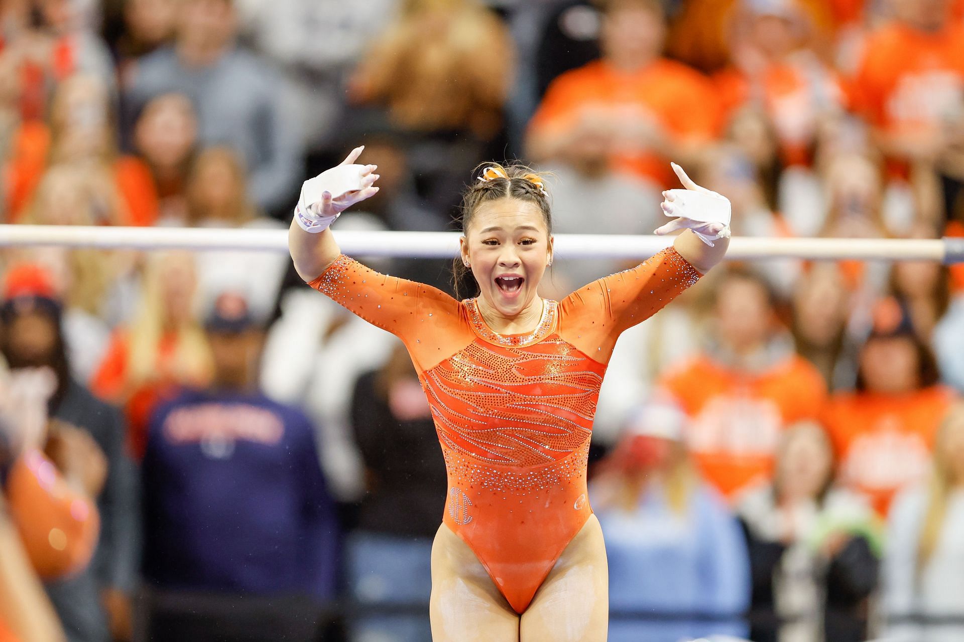 Sunisa Lee of Auburn competes on the uneven bars during a meet against LSU at Neville Arena on February 10, 2023 in Auburn, Alabama. (Photo by Stew Milne/Getty Images)