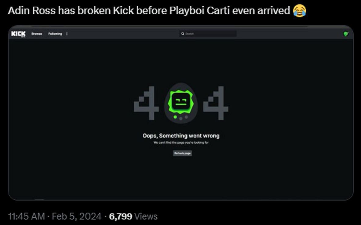 Kick website seemingly crashed before the viral stream (Image via X)